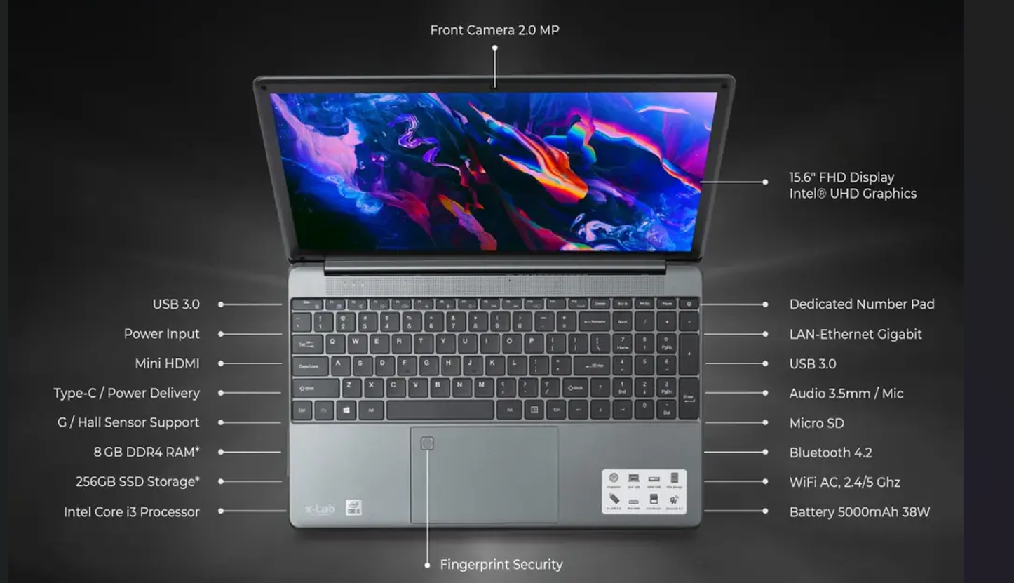 xLab x-Book Series XL-156P Laptop- i3, 8GB RAM, 256GB SSD, Fingerprint Security, 15.6" Full HD Display